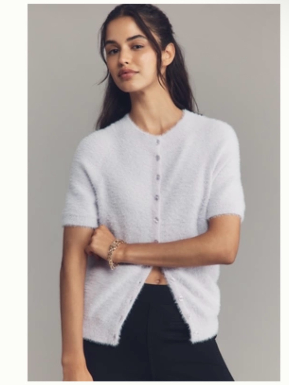 By Anthropologie Short-Sleeve Eyelash Cardigan Sweater - Lavender - size S